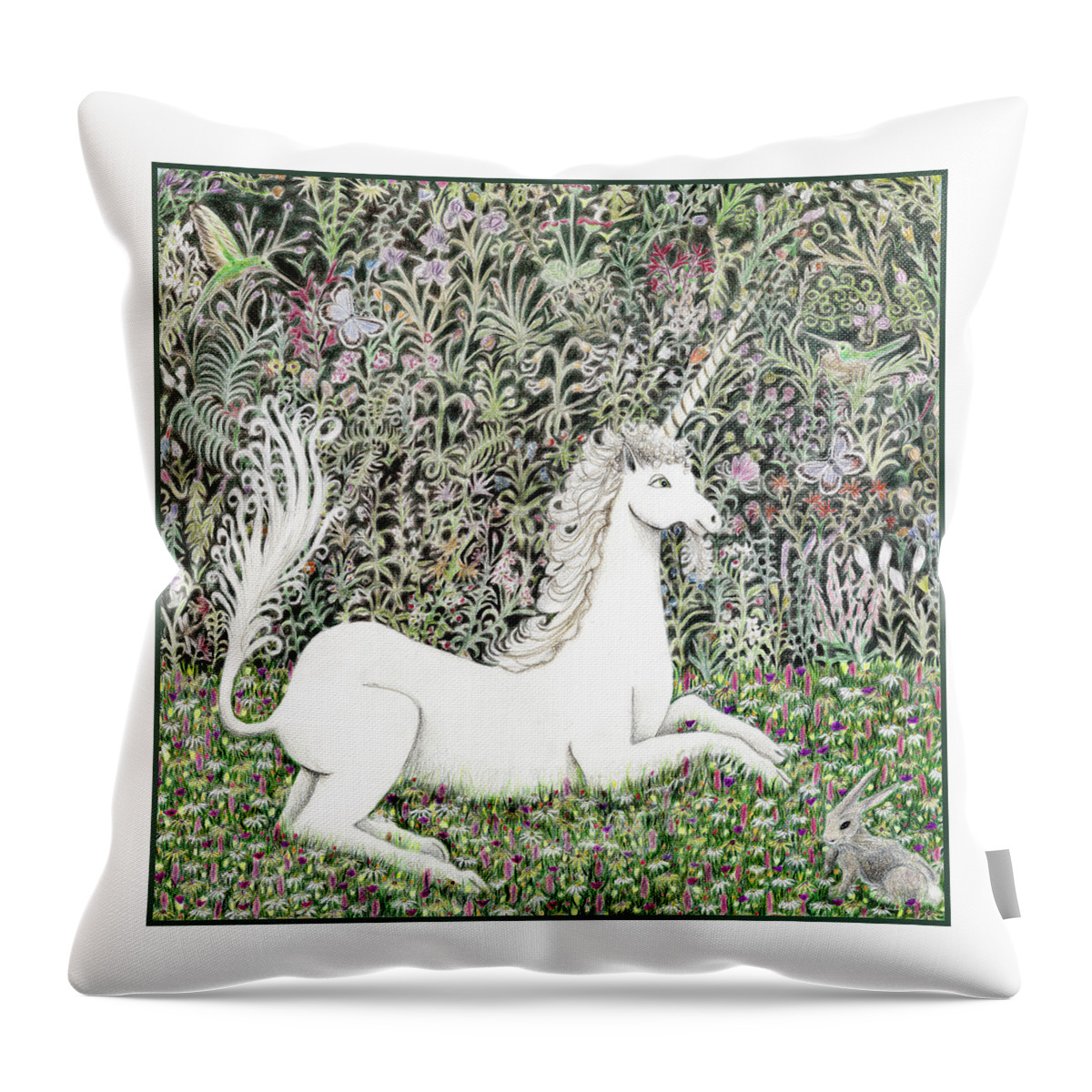 Unicorn Throw Pillow featuring the painting Unicorn with Bunny, Butterflies and Hummingbirds in the Millefleurs by Lise Winne