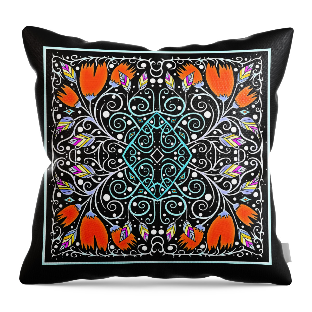 Rainbow Throw Pillow featuring the mixed media Rainbow Leaves and Orange Flowers Attached to a Turquoise Diamond by Lise Winne