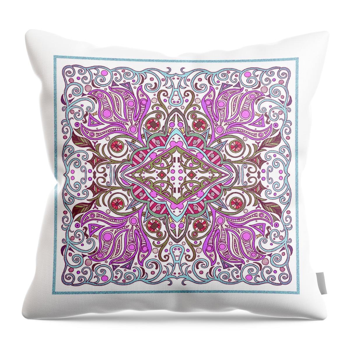 Pink Paisley Flowers Throw Pillow featuring the mixed media Paisley Flowers with Fuchsia, Pinks and Reds Against a Turquoise and White Background by Lise Winne