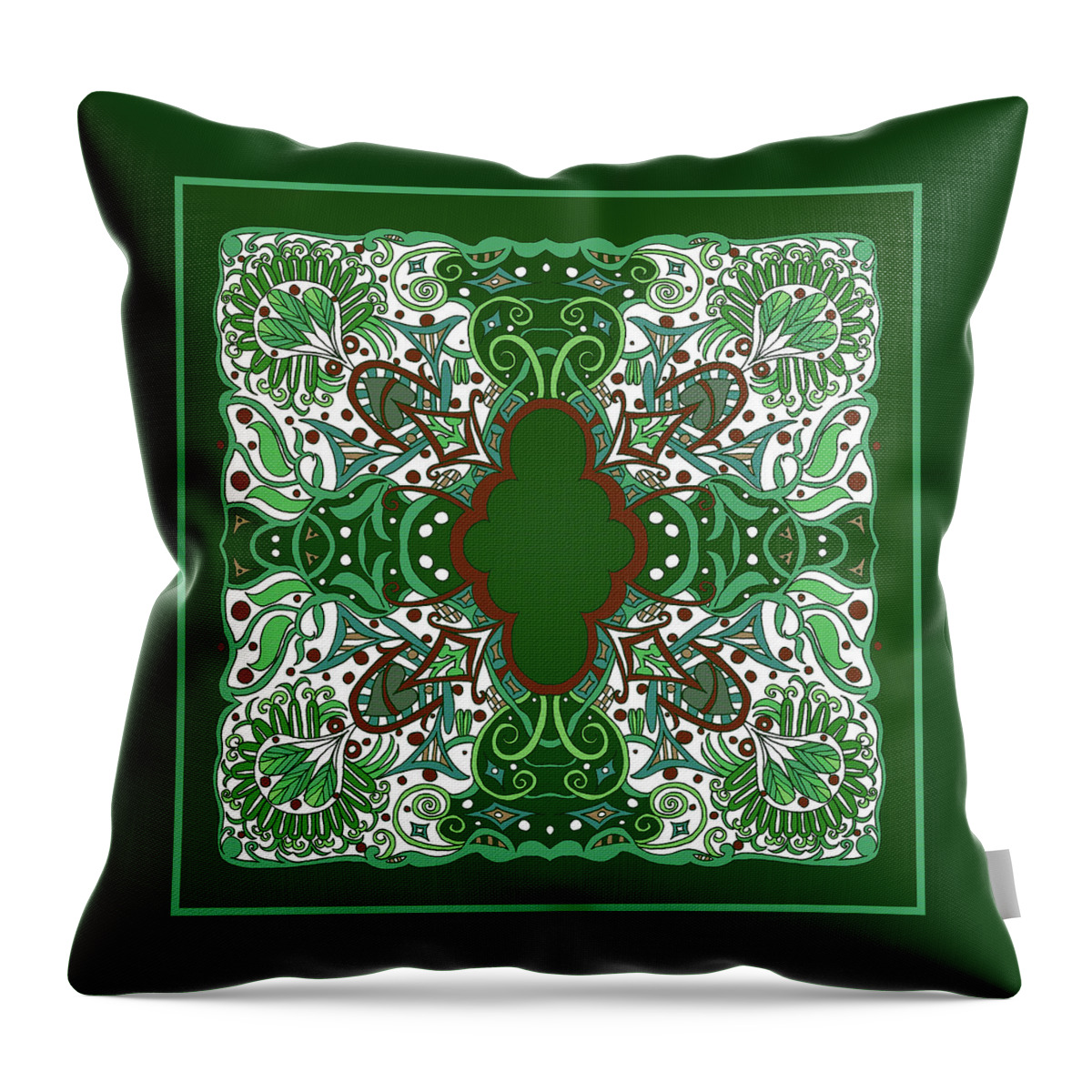 Pillow Design Throw Pillow featuring the mixed media Cross in Irish Green with Leaves,Berries and Fan by Lise Winne