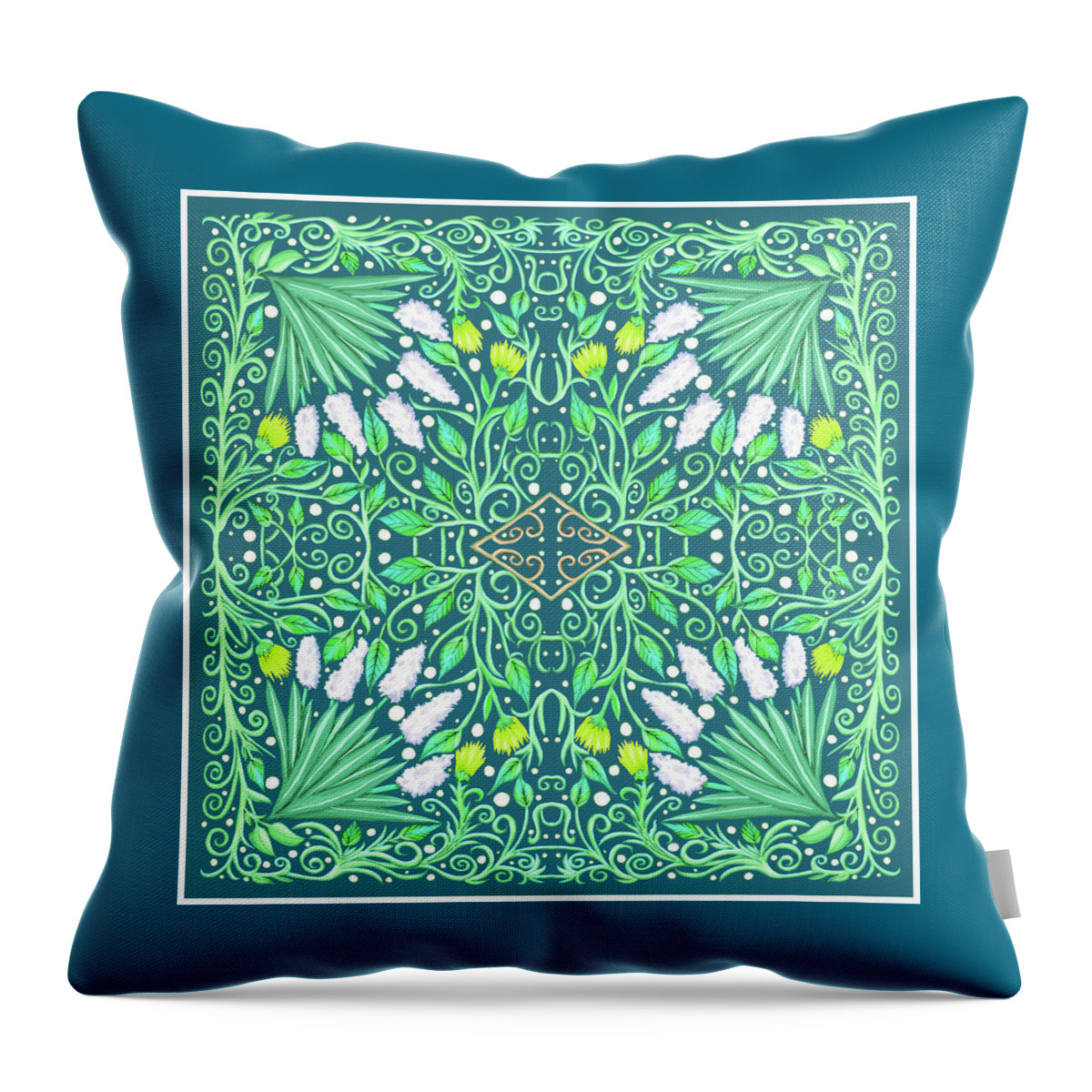 Turquoise Throw Pillow featuring the mixed media Green on Turquoise Floral Design with White and Yellow Flowers by Lise Winne