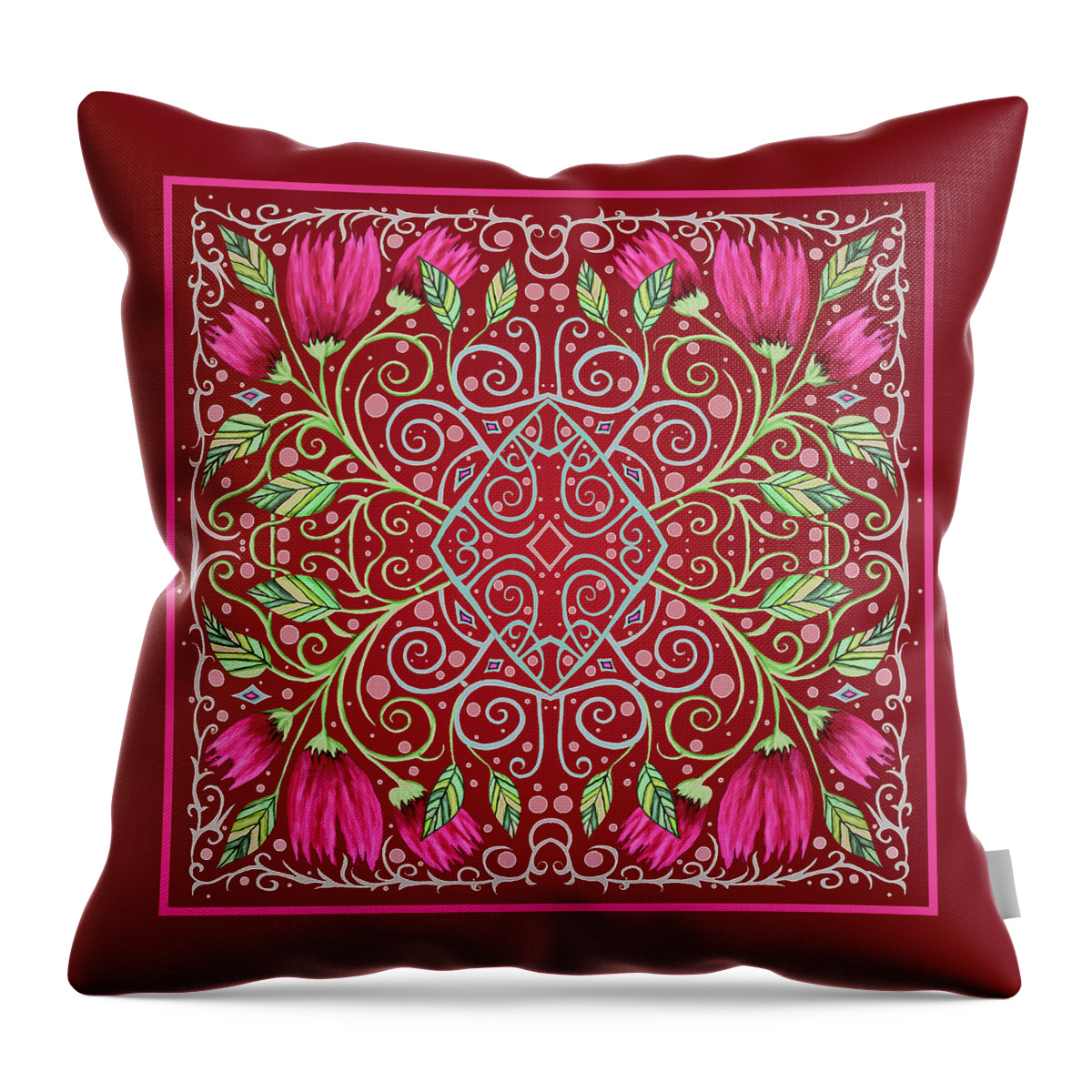 Red On Red Throw Pillow featuring the mixed media Red on Red Floral Design with Leaves and Diamond by Lise Winne