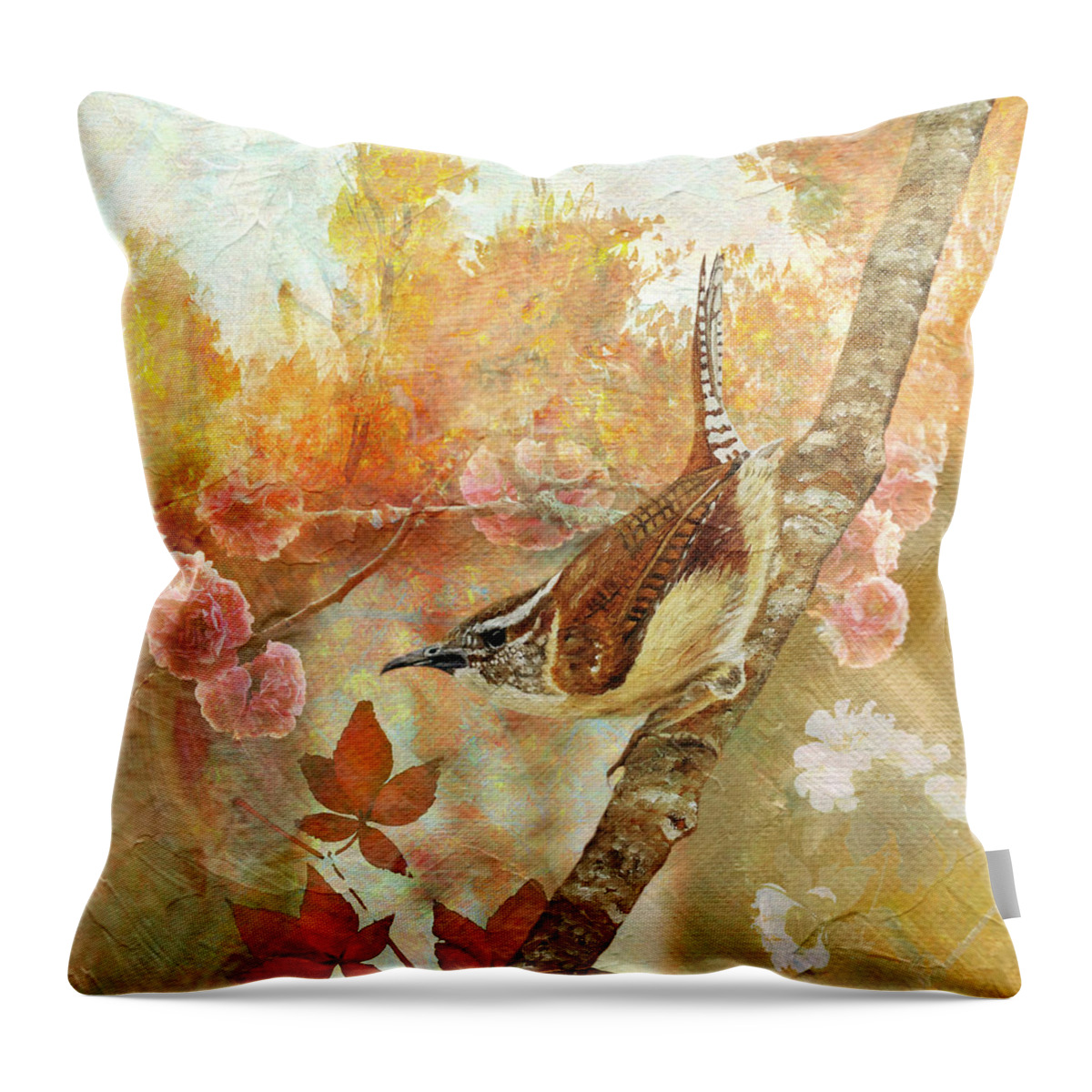 Wren Throw Pillow featuring the painting Sweet Autumn Carolina Wren by Angeles M Pomata