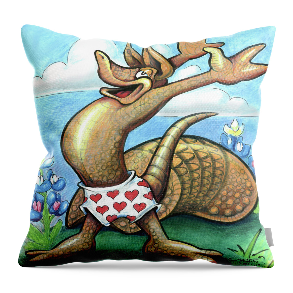 Armadillo Throw Pillow featuring the digital art Get Out of Your Shell, Stop and Smell the Bluebonnets by Kevin Middleton
