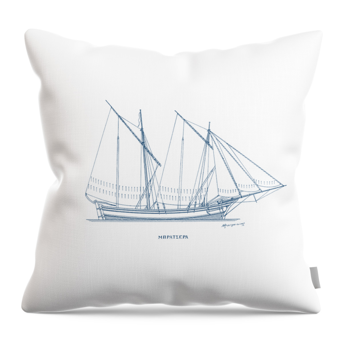 Nautical Decor Throw Pillow featuring the drawing Bratsera - traditional Greek sailing boat by Panagiotis Mastrantonional Greek sailing boats