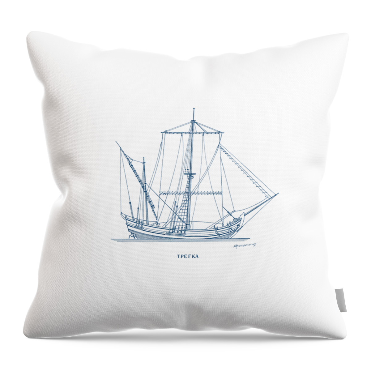 Sailing Vessels Throw Pillow featuring the drawing Trega - traditional Greek sailing ship by Panagiotis Mastrantonis