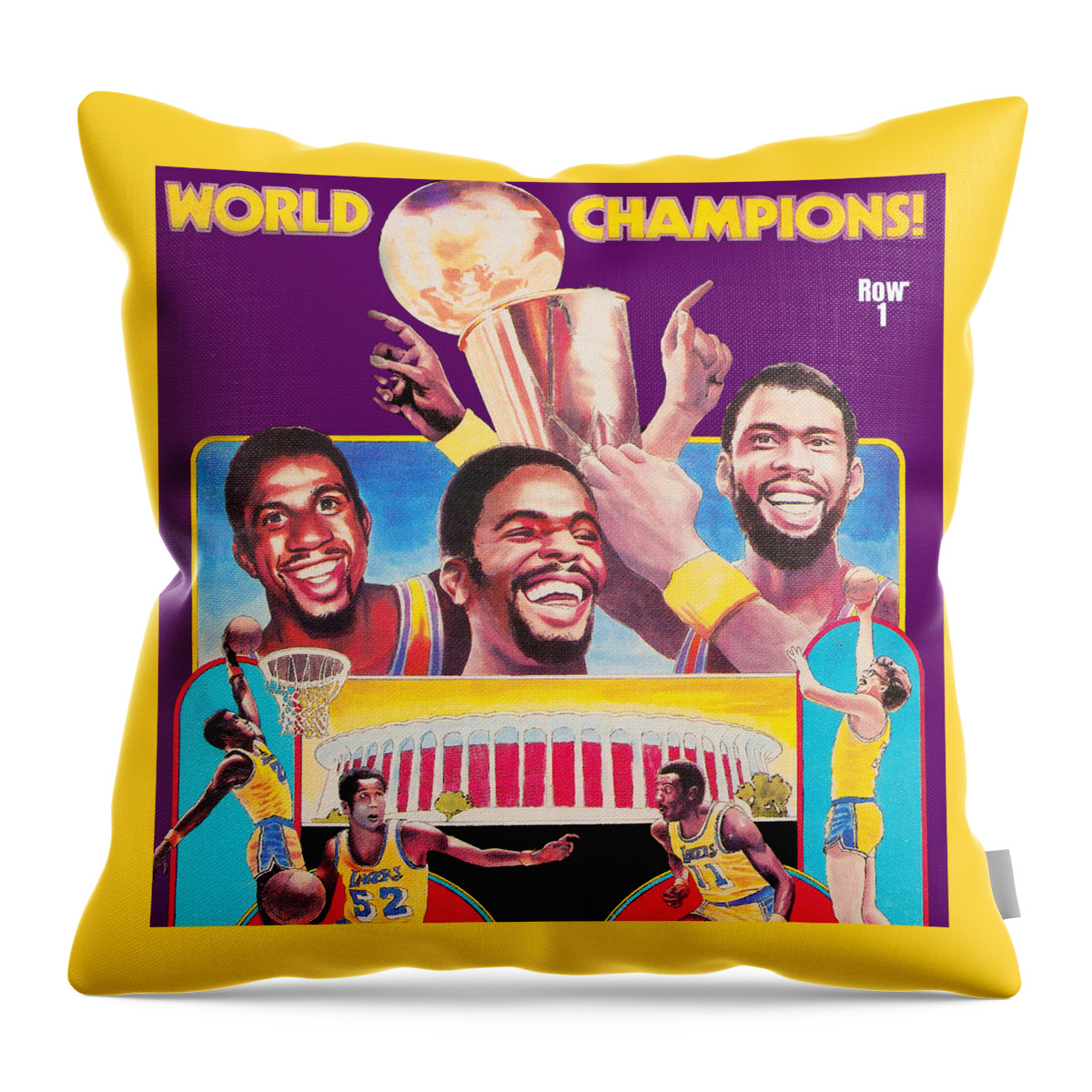 1982 Throw Pillow featuring the mixed media 1982 Los Angeles Lakers Basketball Art by Row One Brand