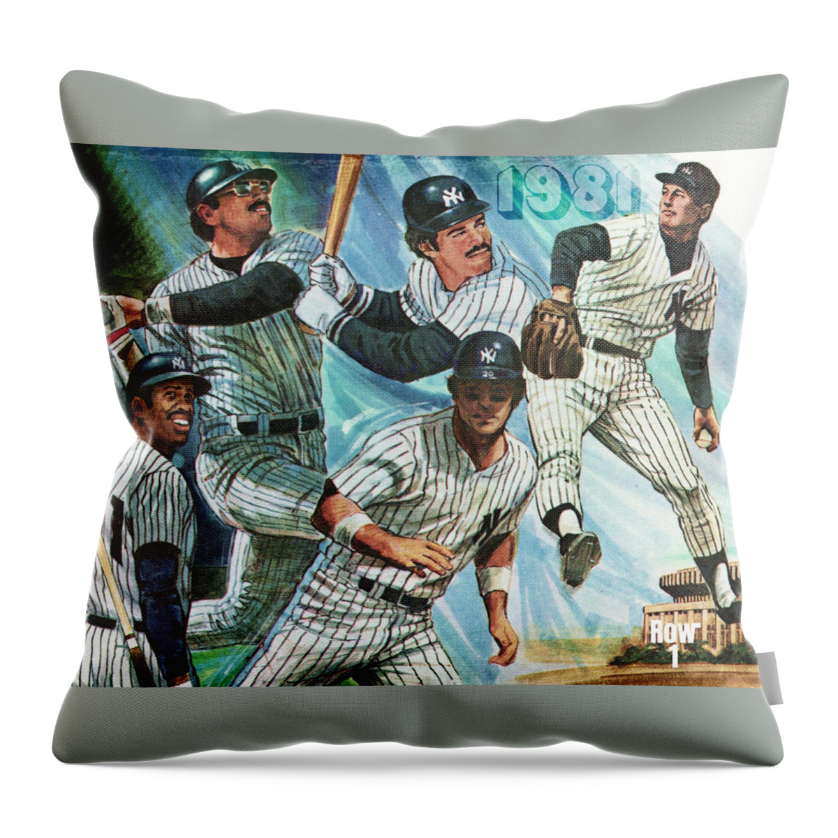 1981 Throw Pillow featuring the mixed media 1981 New York Yankees Stars by Row One Brand
