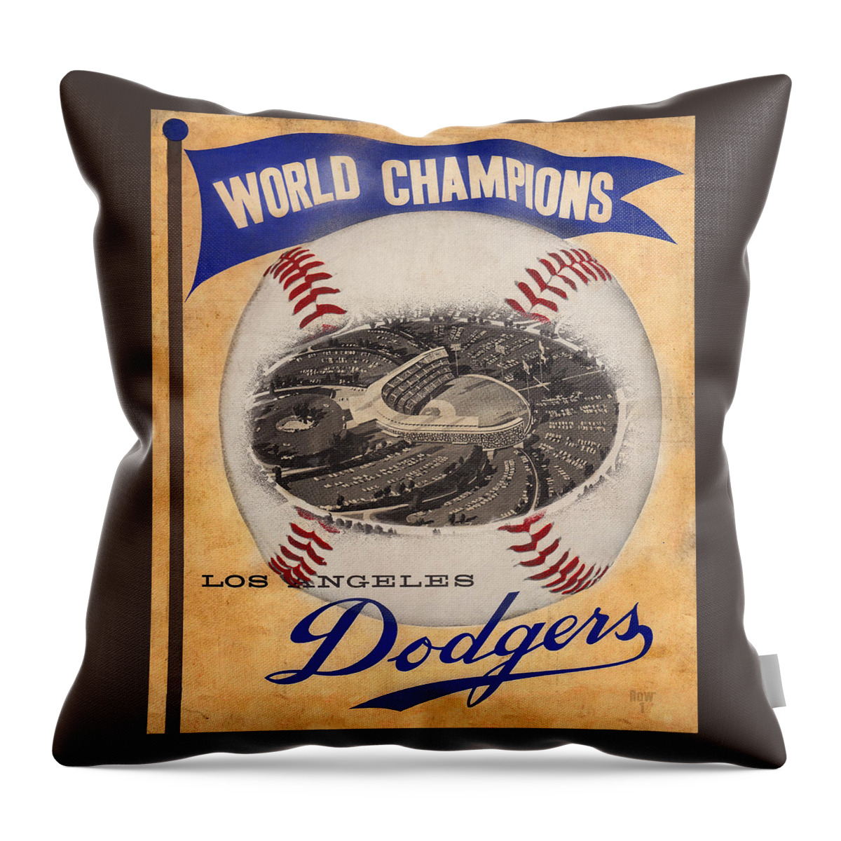 La Throw Pillow featuring the mixed media 1959 Los Angeles Dodgers World Champions Art by Row One Brand