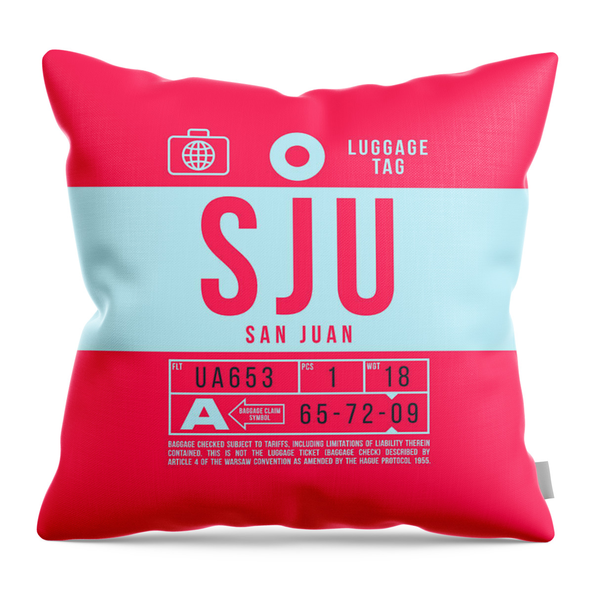 Airline Throw Pillow featuring the digital art Luggage Tag B - SJU San Juan Puerto Rico by Organic Synthesis