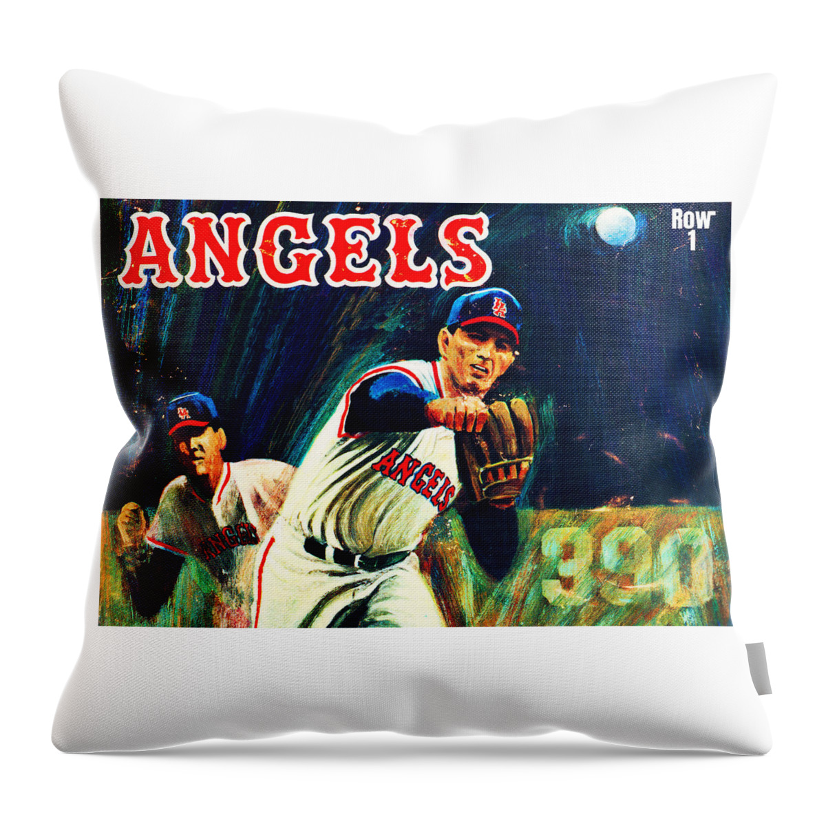 California Throw Pillow featuring the mixed media Vintage Angels Baseball Art by Row One Brand