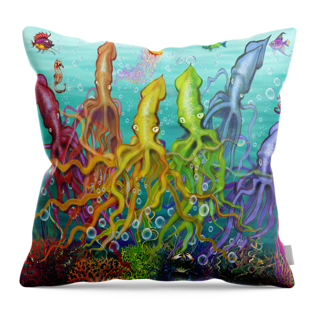 Squid Throw Pillow featuring the digital art Colorful Calamari by Kevin Middleton