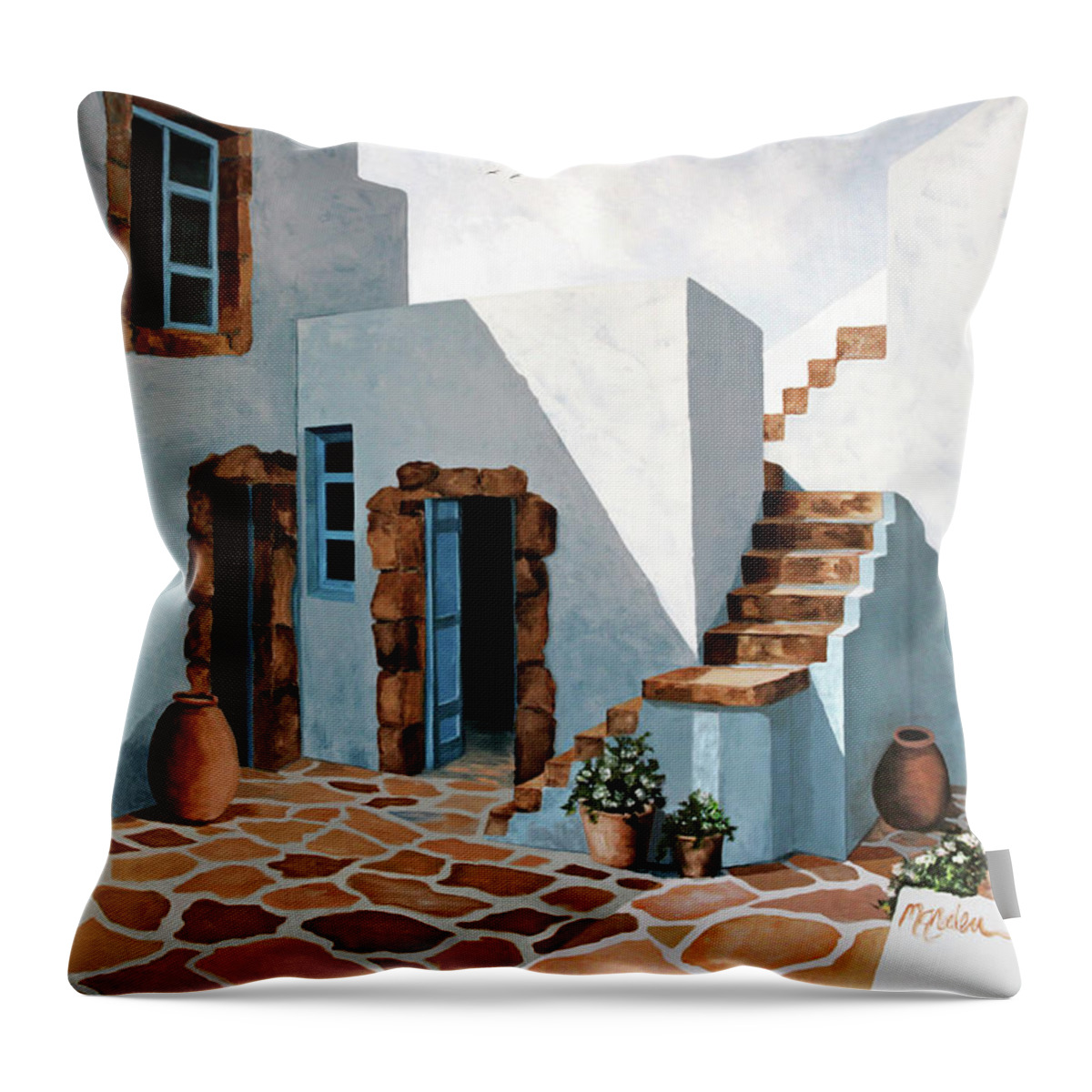 Stone Patio Throw Pillow featuring the painting PATIO IN PATMOS, Greece, Prints of Painting by Mary Grden