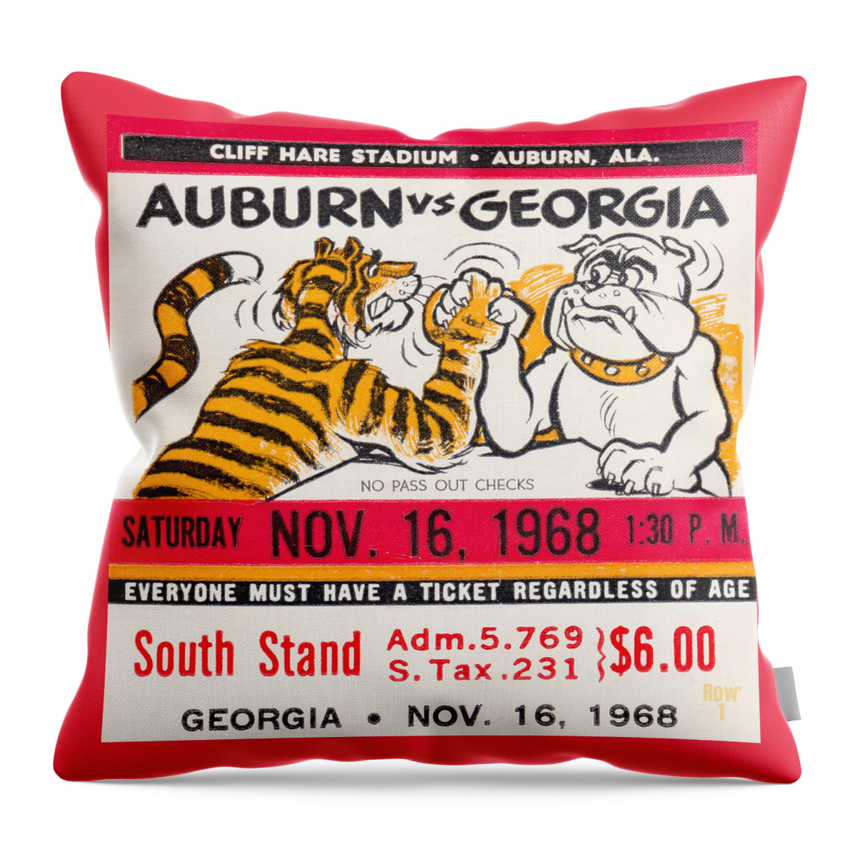 Ticket Throw Pillow featuring the mixed media 1968 Auburn Tigers vs. Georgia Bulldogs by Row One Brand