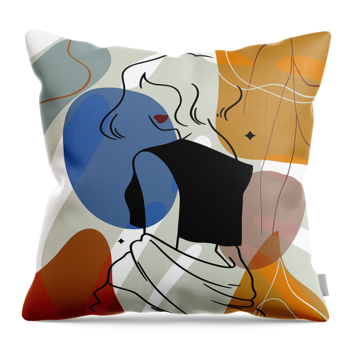 Woman Back Line Art Throw Pillow featuring the drawing Set of abstract fashion women in elegant line art style, Hand drawn shapes and leaves background 3/4 by Mounir Khalfouf