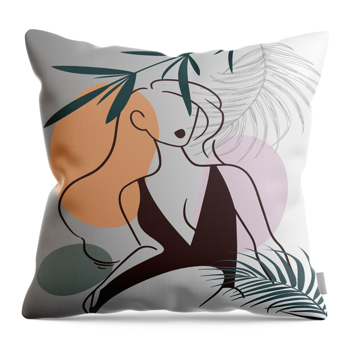 Tropical Leaves Throw Pillow featuring the drawing Set of tropical beauty. Women in elegant line art style. Monstera and palm leaves background. No 1/3 by Mounir Khalfouf