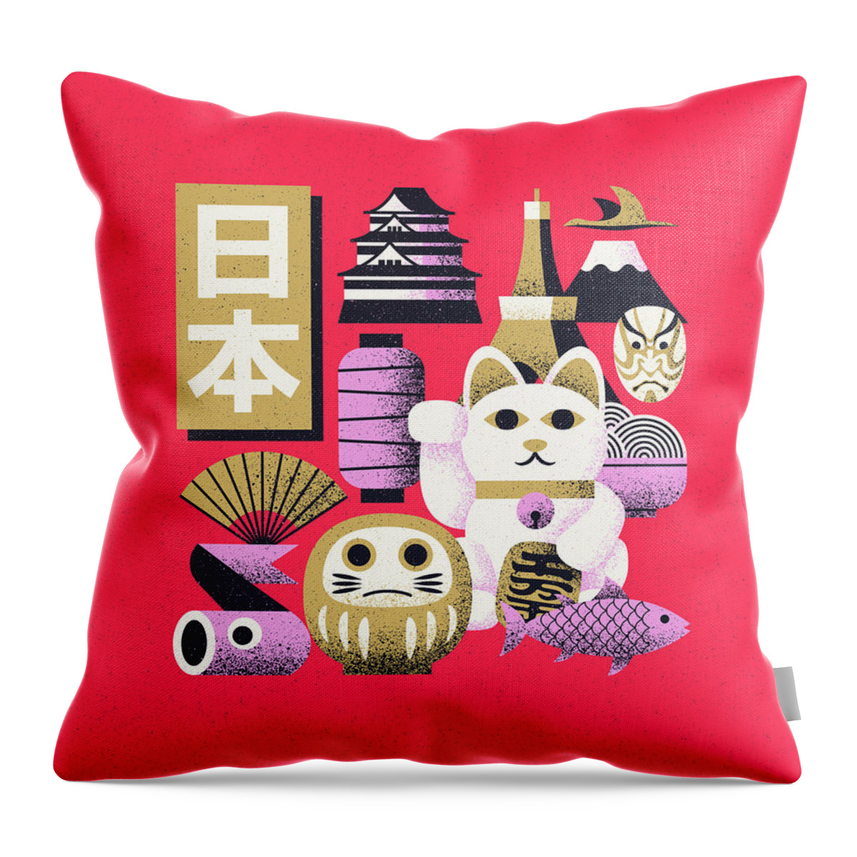Japan Throw Pillow featuring the digital art Japan Theme Elements Retro - Red by Organic Synthesis