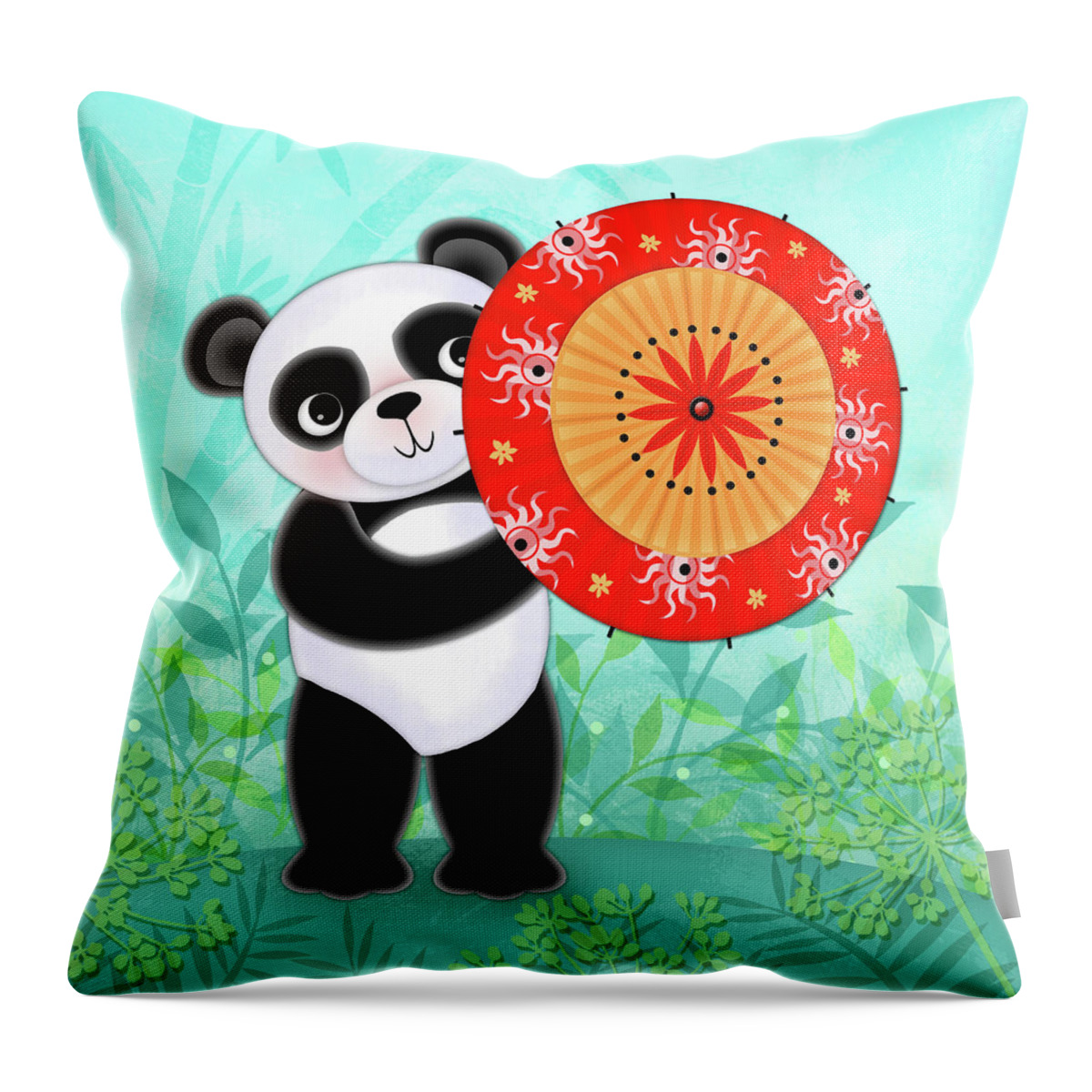 Letter P Throw Pillow featuring the digital art P is for Panda and Parasol by Valerie Drake Lesiak