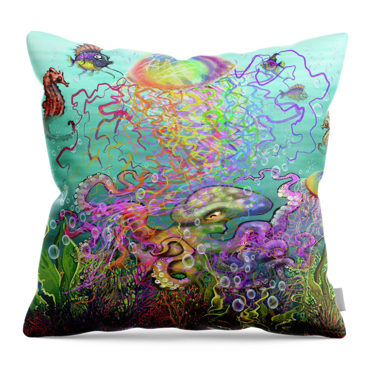 Rainbow Throw Pillow featuring the digital art Rainbow Jellyfish and Friends by Kevin Middleton