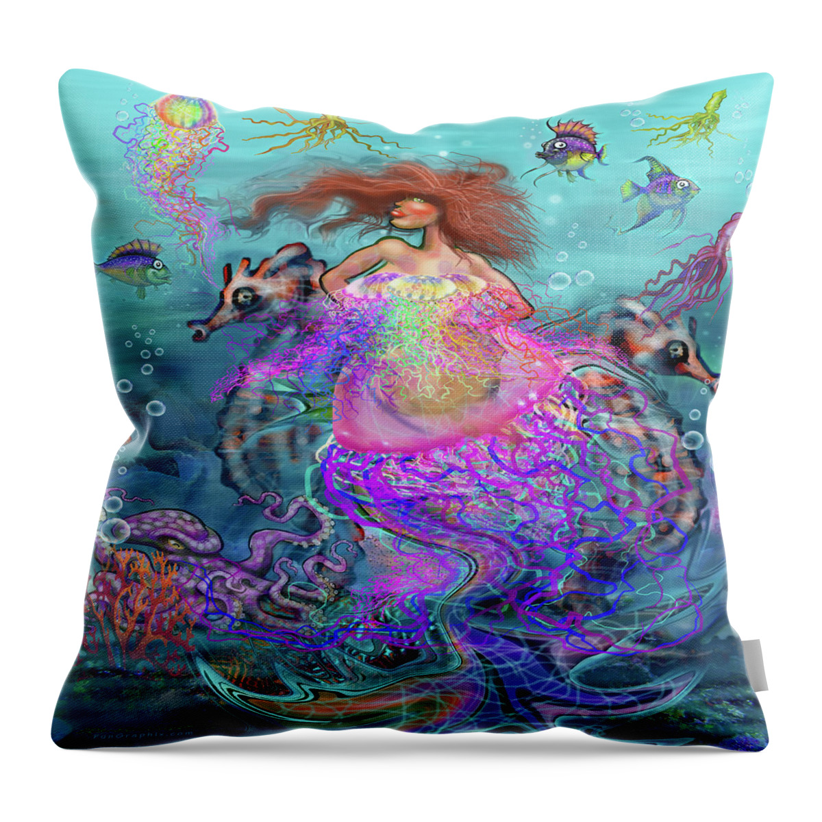 Mermaid Throw Pillow featuring the digital art Mermaid Jellyfish Dress #1 by Kevin Middleton
