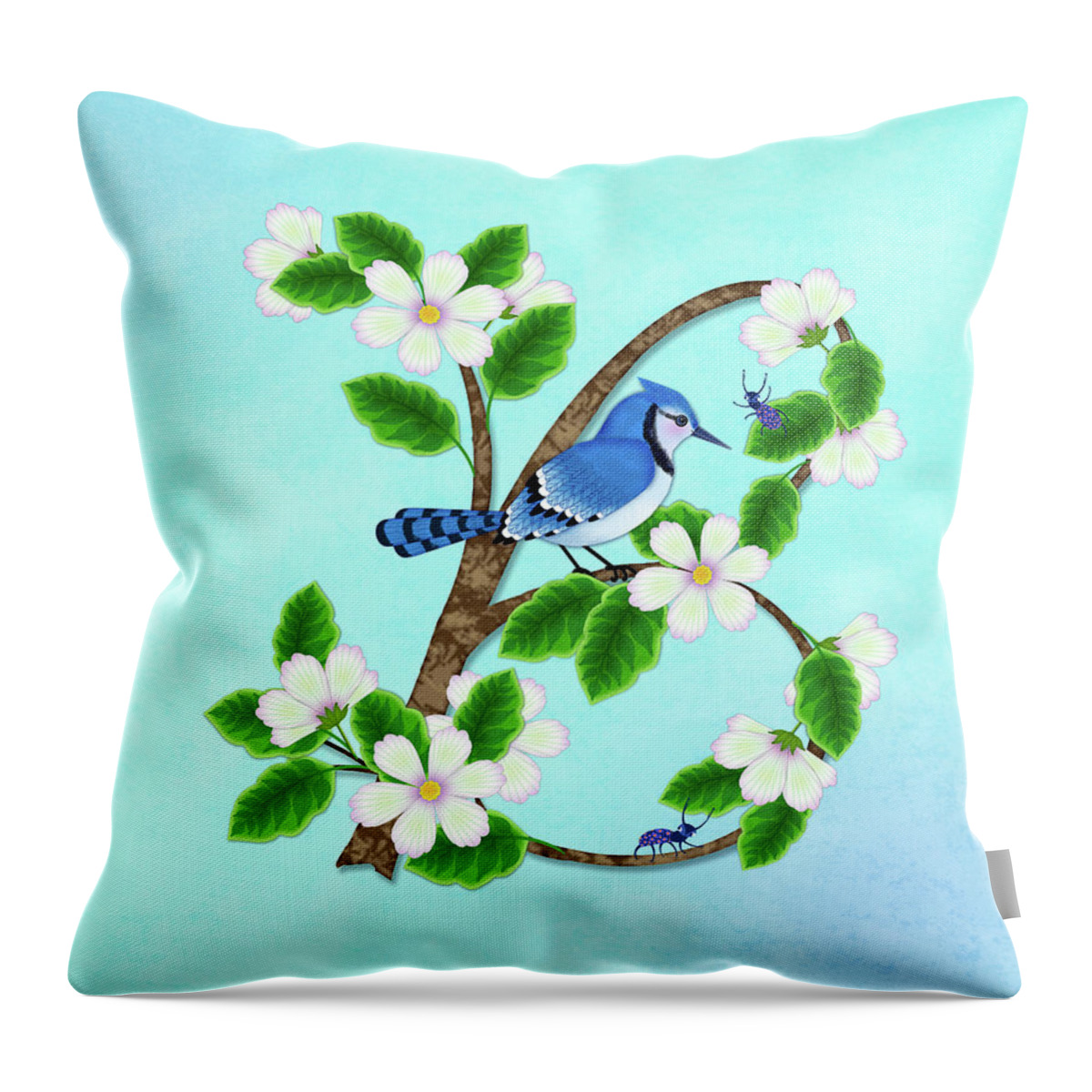 Letter B Throw Pillow featuring the digital art B is for Blossoming Branch and Bird by Valerie Drake Lesiak