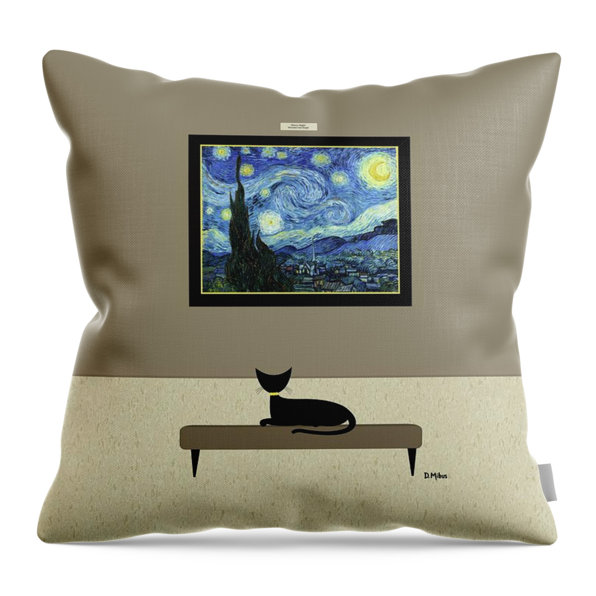 Cat Throw Pillow featuring the digital art Black Cat Admires Starry Night Painting by Donna Mibus