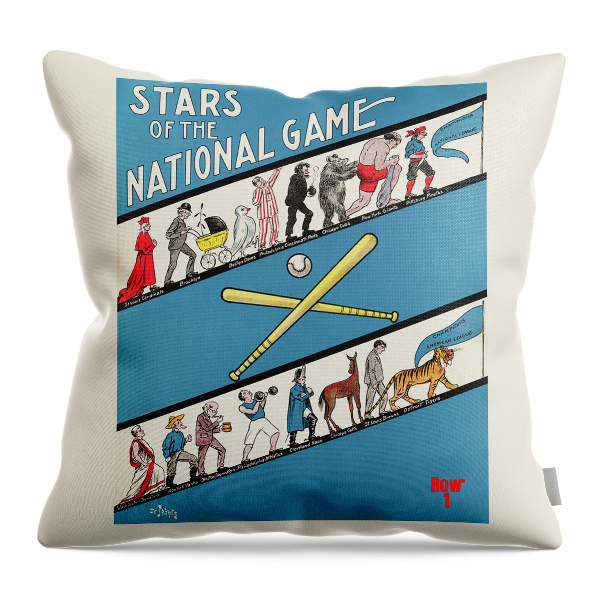 Baseball Throw Pillow featuring the mixed media 1909 Stars of the National Game Baseball Art by Row One Brand