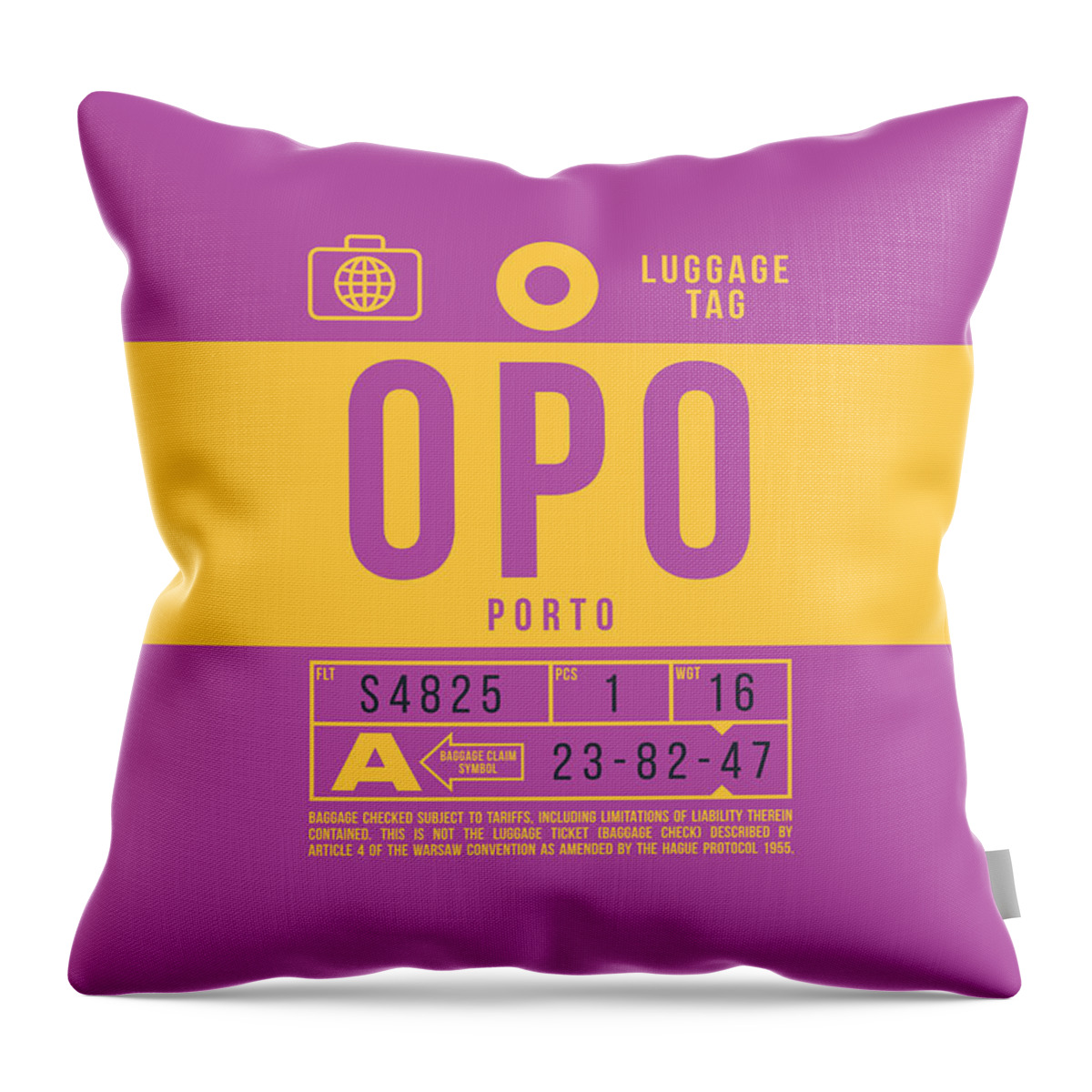 Airline Throw Pillow featuring the digital art Luggage Tag B - OPO Porto Portugal by Organic Synthesis