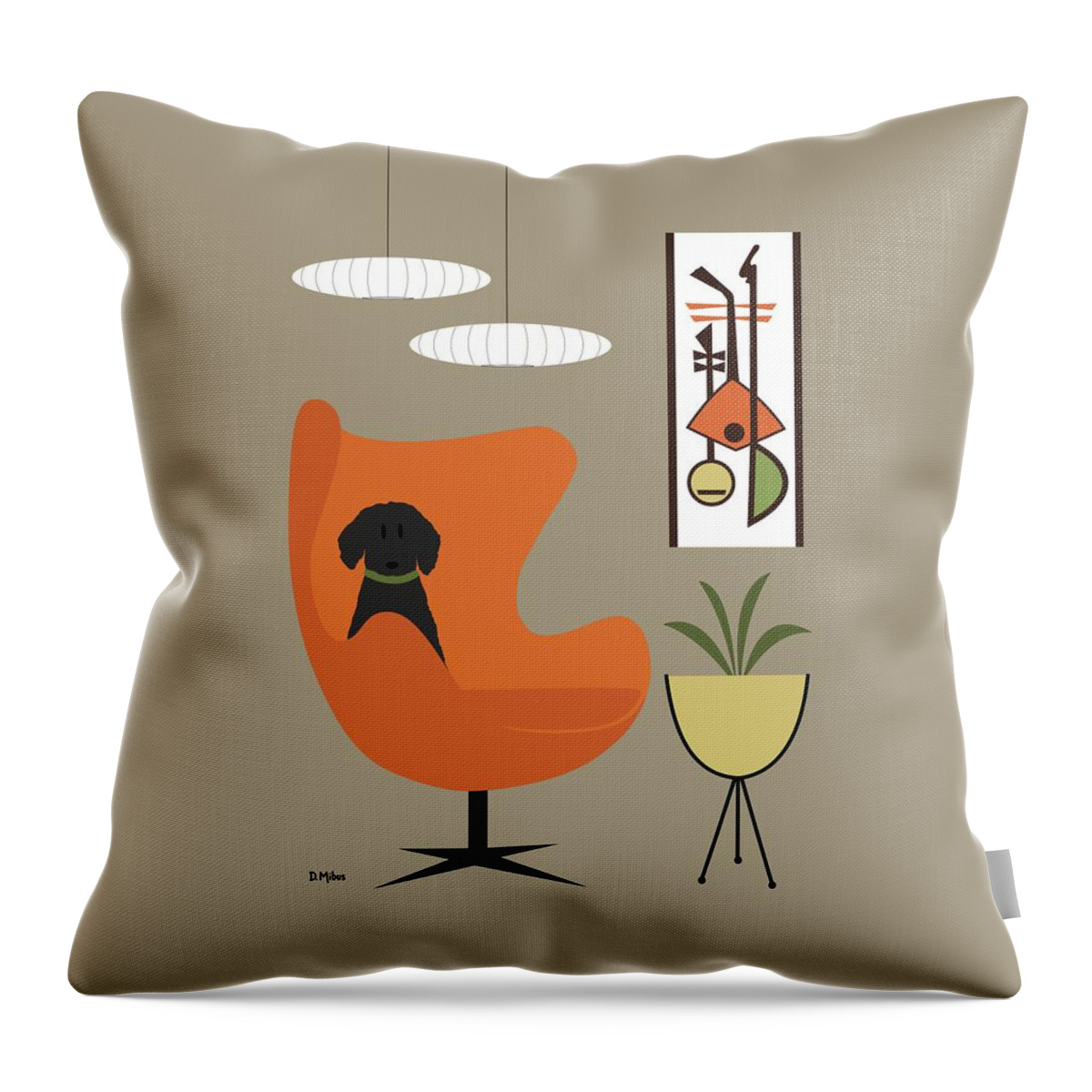 Mid Century Modern Throw Pillow featuring the digital art Black Dog in Orange Mid Century Chair by Donna Mibus