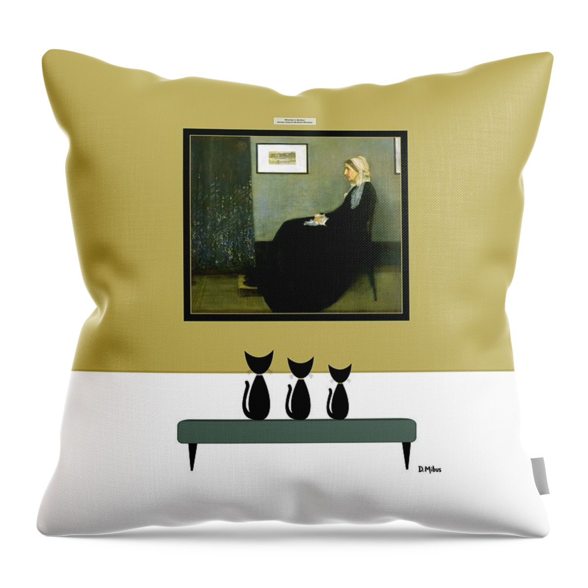 Cats At Museum Throw Pillow featuring the digital art Black Cats Admire Whistler's Mother Painting by Donna Mibus