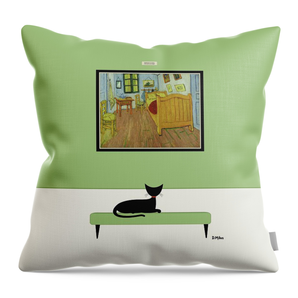 Cat At Museum Throw Pillow featuring the digital art Black Cat Admires Van Gogh Bedroom by Donna Mibus