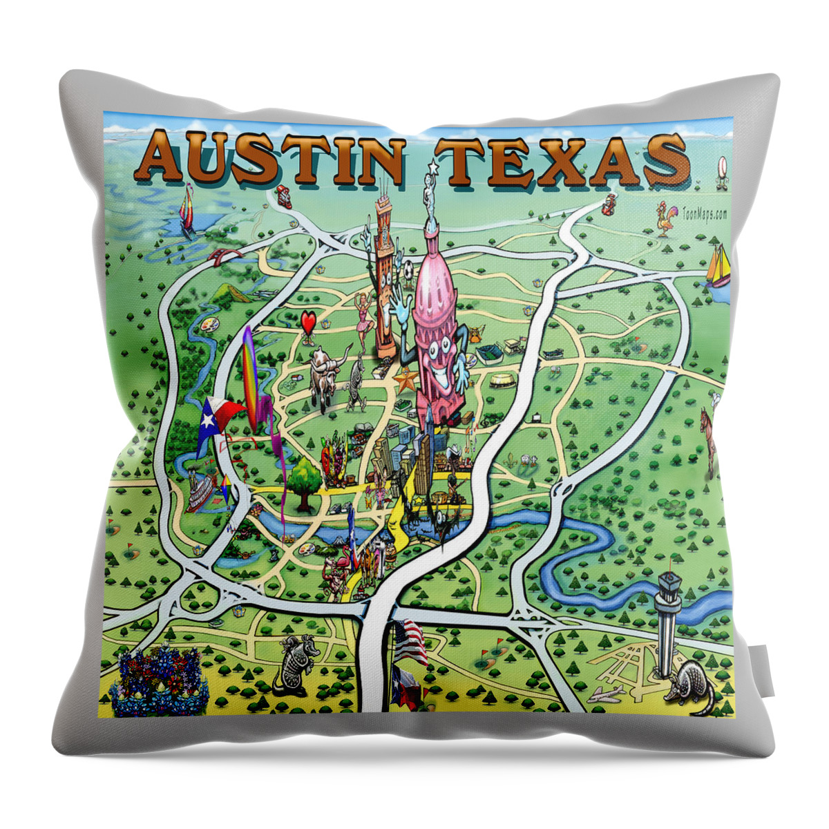 Austin Throw Pillow featuring the painting Austin Texas Fun Map by Kevin Middleton