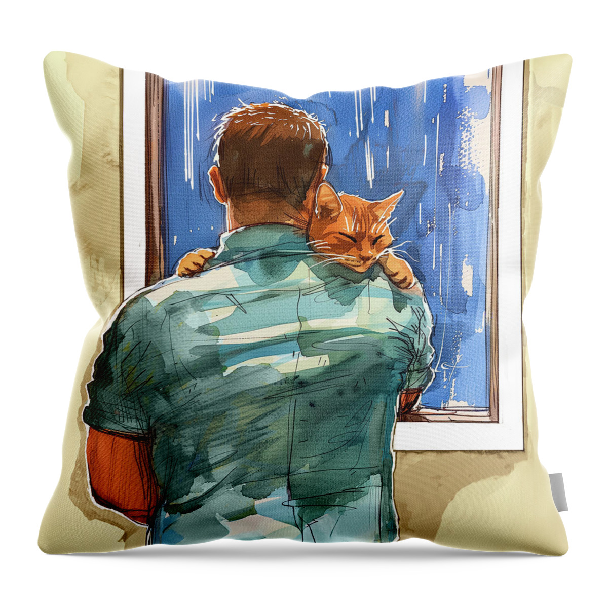 Ginger Cat Throw Pillow featuring the digital art Sheltered Bliss - Man with Happy Cat by Mark Tisdale