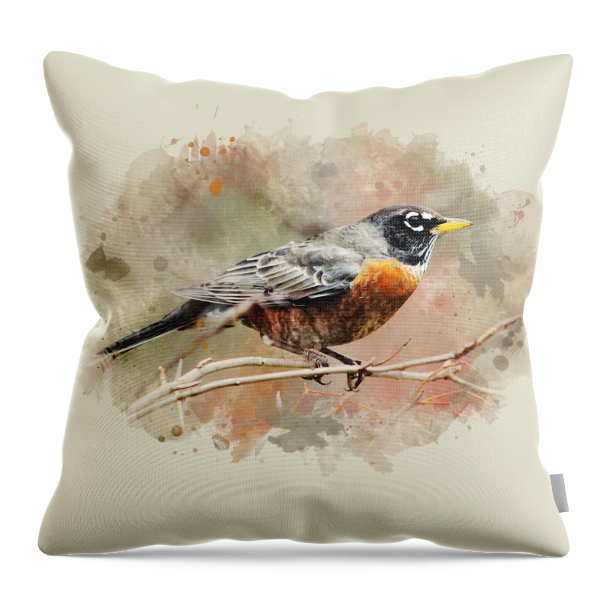 American Robin Throw Pillow featuring the mixed media American Robin - Watercolor Art by Christina Rollo