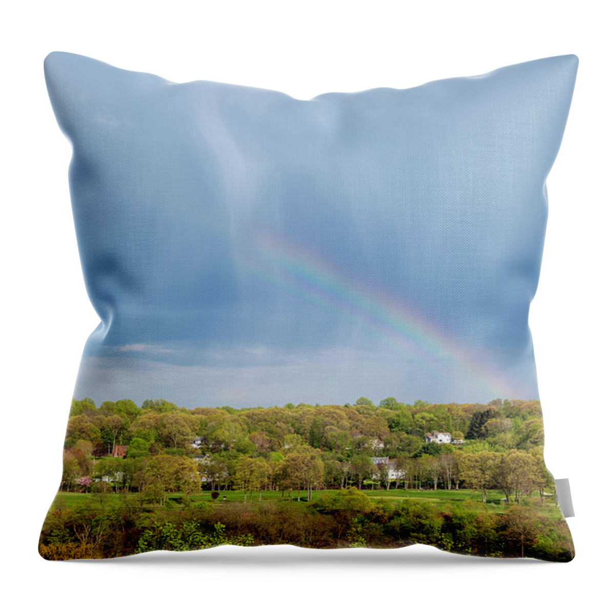 Rain Over Rainbow Throw Pillow featuring the photograph As The Rain Falls, The Rainbow Appears by Karol Livote