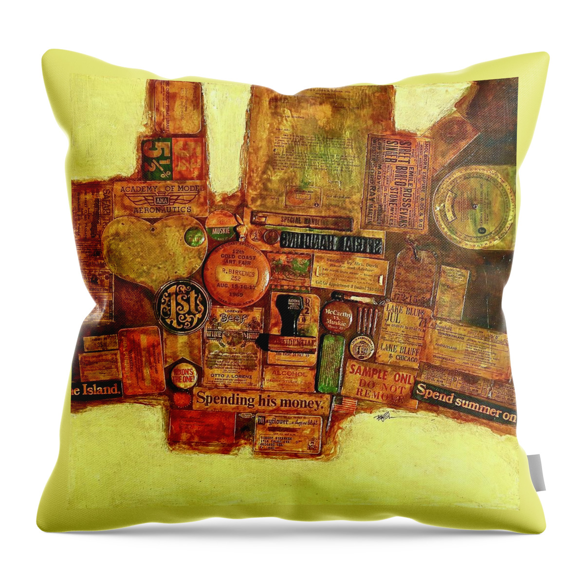Assemblage Painting #6 - Mixed Media Assemblage Throw Pillow featuring the painting Assemblage Painting 6 by Robert Birkenes