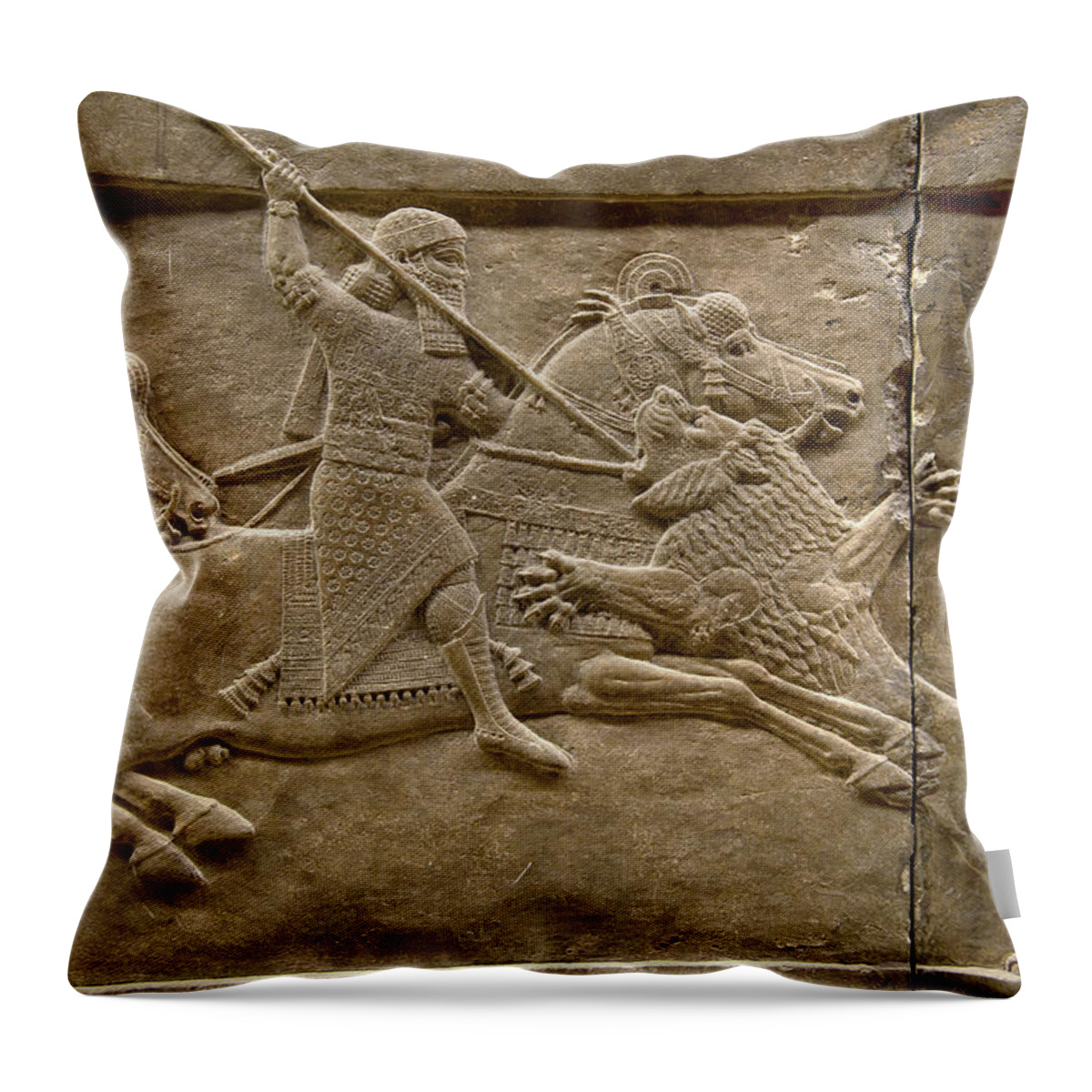 Lion Hunt Throw Pillow featuring the photograph Assyrian relief panel of Ashurnasirpal lion hunting - 668-627 BC - British Museum #3 by Paul E Williams