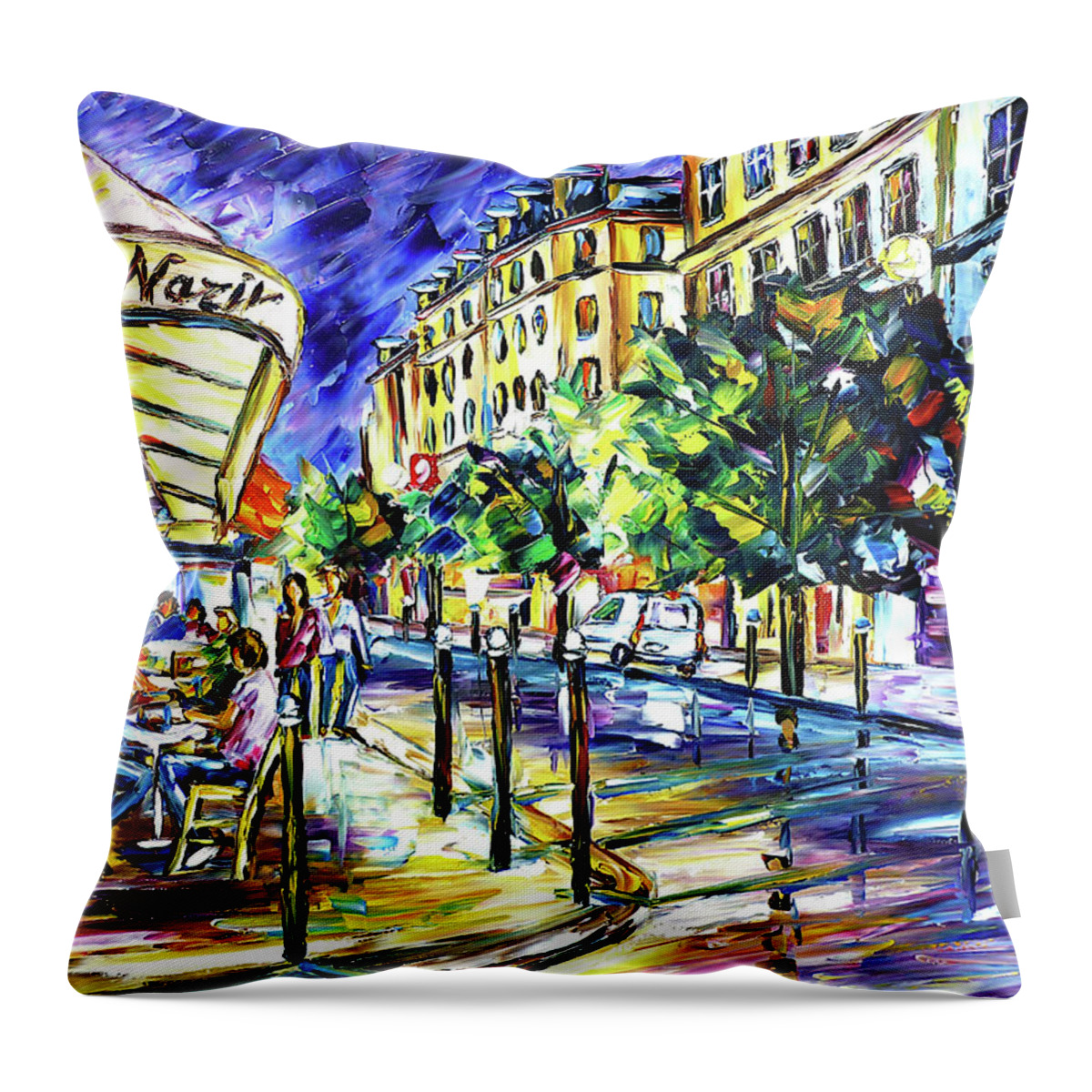 Cafe Le Nazir Paris Throw Pillow featuring the painting At Night On Montmartre by Mirek Kuzniar