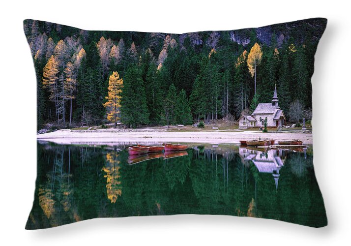 Lago Di Braies Throw Pillow featuring the photograph At the lake of Braies by Elias Pentikis