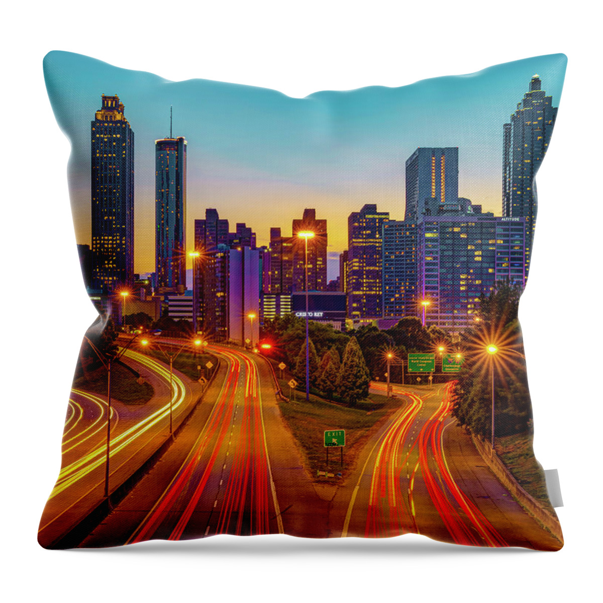 Atlanta Skyline Throw Pillow featuring the photograph Atlanta Skyline Colors of Dusk - Jackson Street Bridge View by Gregory Ballos