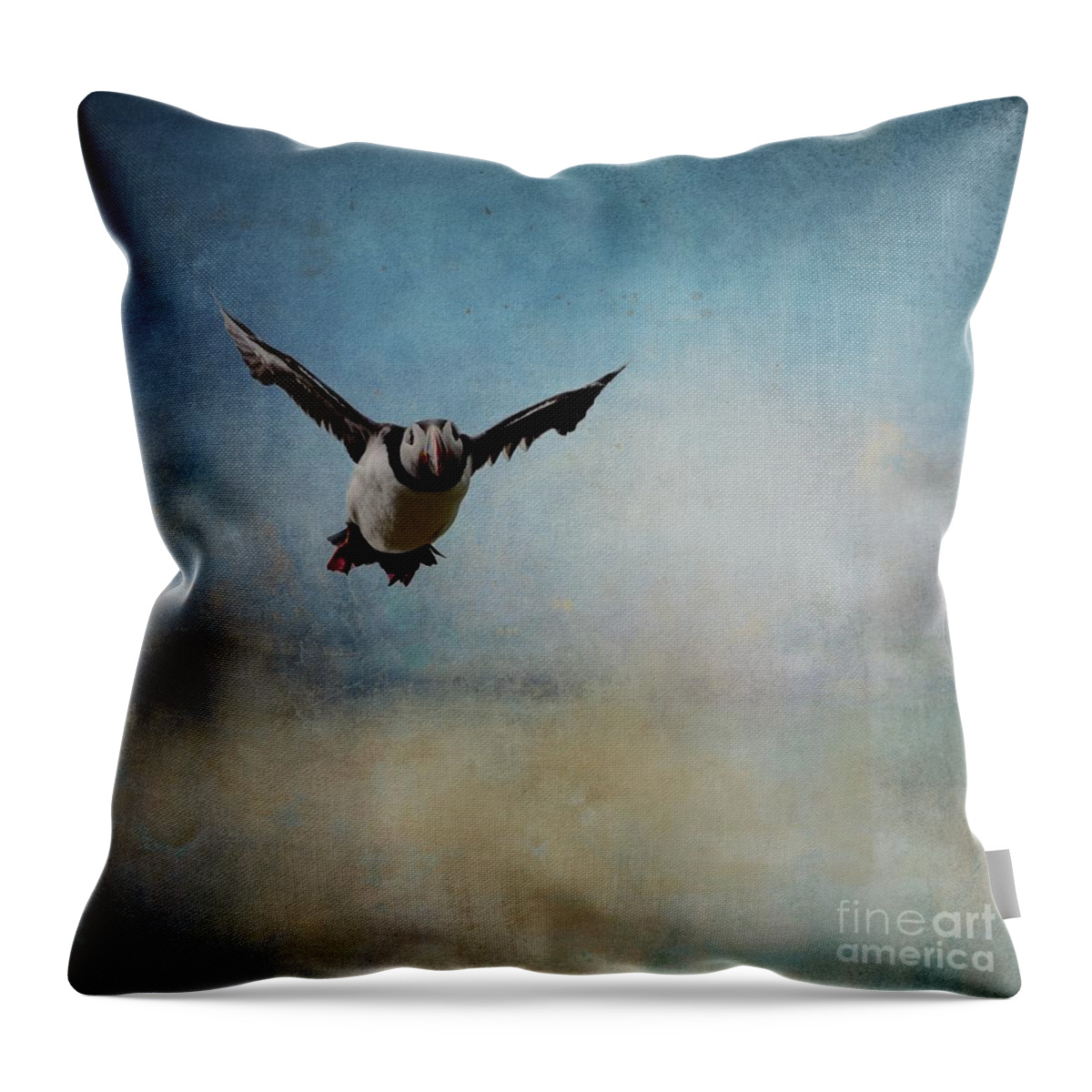 Atlantic Puffin Throw Pillow featuring the photograph Atlantic Puffin Flying by Eva Lechner