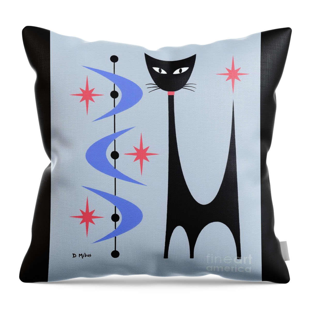 Mid Century Cat Throw Pillow featuring the painting Atomic Cat Gray with Blue Boomerangs by Donna Mibus