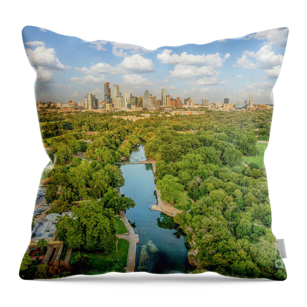 Barton Springs Pool Throw Pillow featuring the photograph Austin Barton Springs Pool with Skyline by Bee Creek Photography - Tod and Cynthia