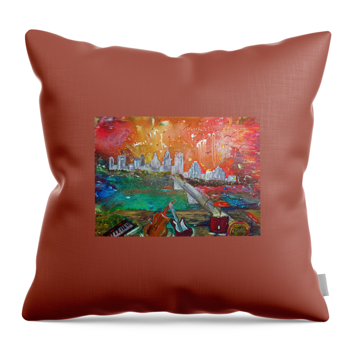 City Town Building Throw Pillow featuring the painting Austin on the Fourth of July by Genevieve Holland