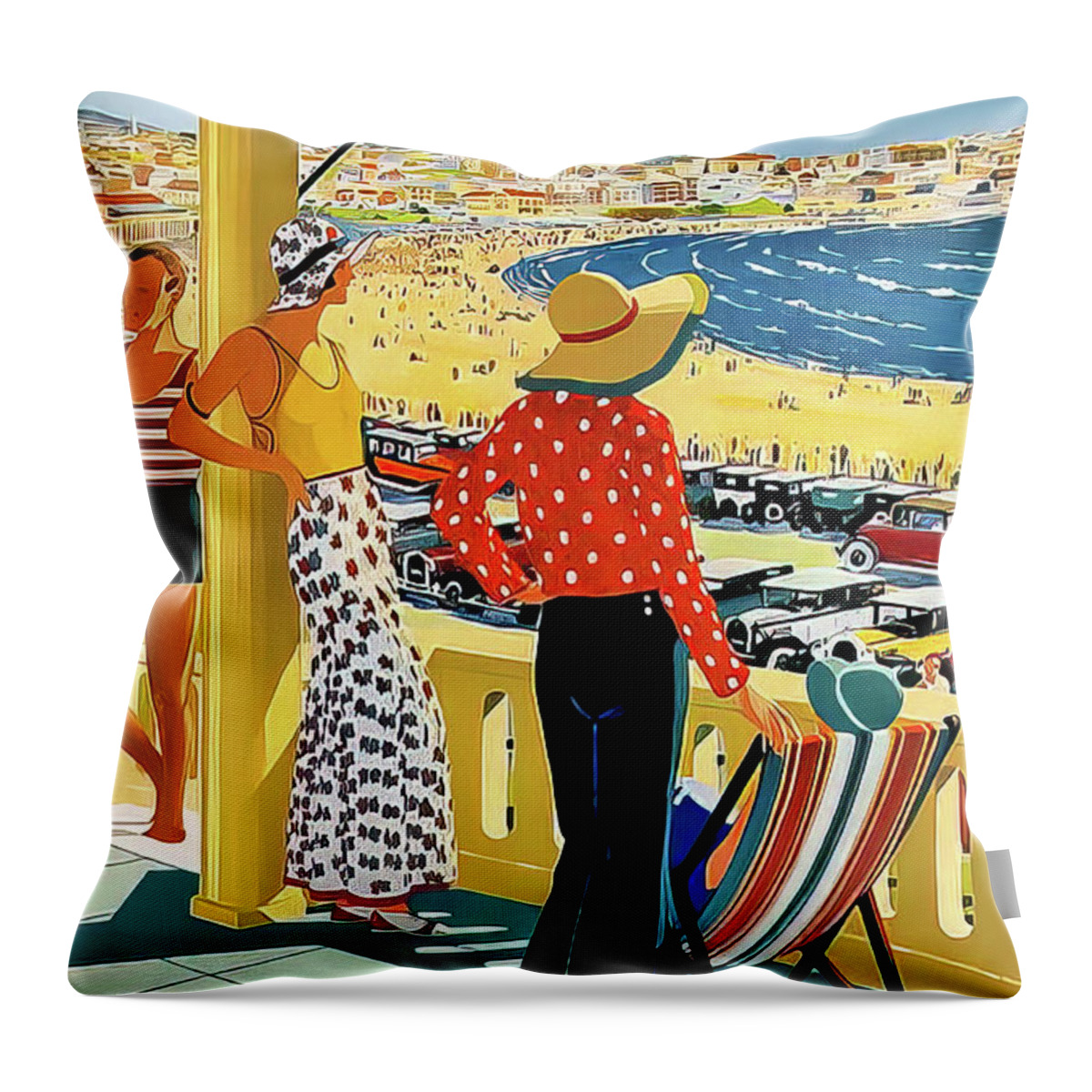 Australia Throw Pillow featuring the drawing Australia 1929 Art Deco Bondi Beach Poster by M G Whittingham