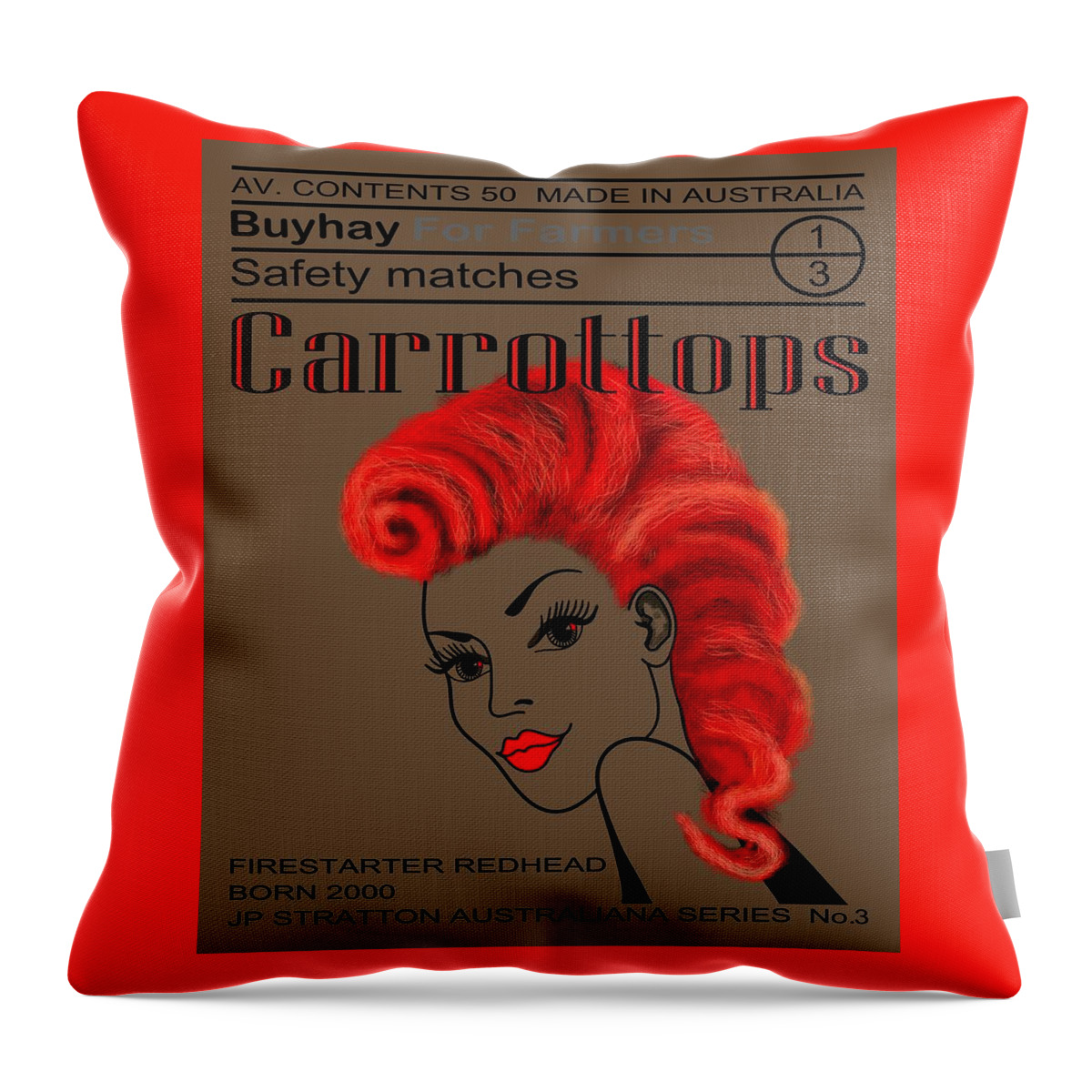 Australiana Throw Pillow featuring the drawing Australiana Iconic Matches Carrot Top Female III by Joan Stratton