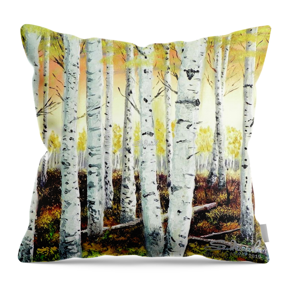 Landscape Throw Pillow featuring the painting Autumn Aspens Light by Sherril Porter