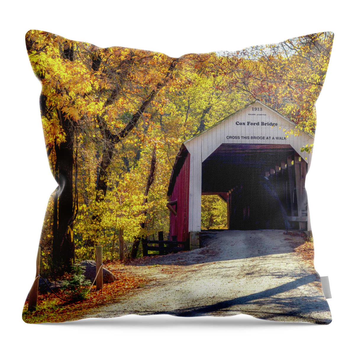 Parke County Throw Pillow featuring the photograph Autumn at Cox Ford Covered Bridge by Susan Rissi Tregoning