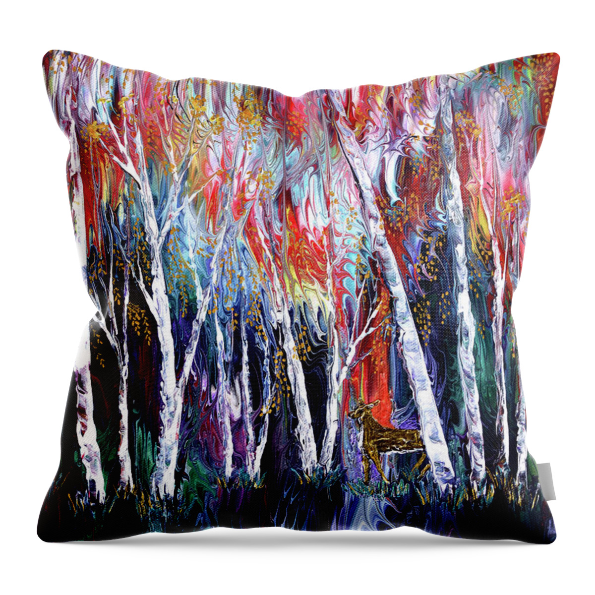 Birch Trees Throw Pillow featuring the painting Autumn Birch Trees and Golden Deer by Laura Iverson