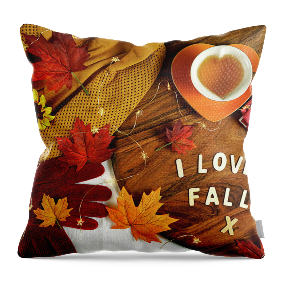 Autumn Throw Pillow featuring the photograph Autumn Fall theme flatlay with cozy sweater, bagels and cups of herbal tea. by Milleflore Images